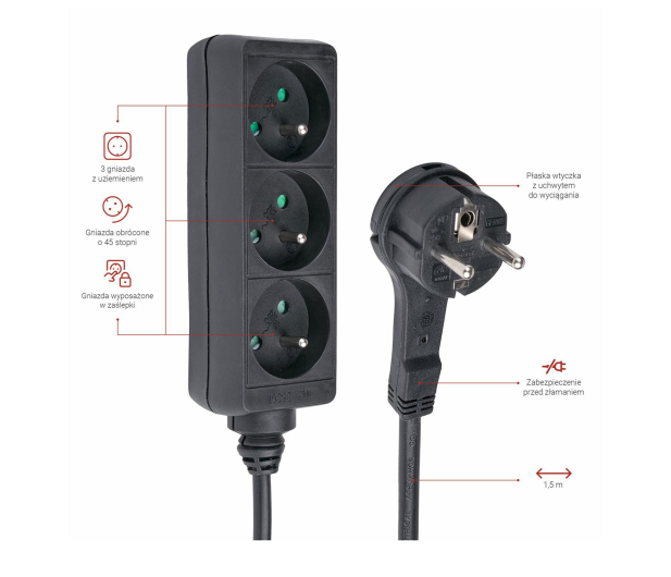 HAMA Listwa zasilająca Standard 3GN, 1,5M bez włącznika - 1416384 - zdjęcie 6